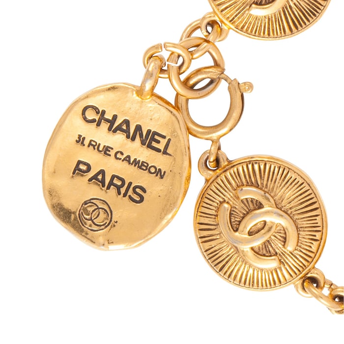 Susan Caplan Vintage Chanel Yellow Gold Plated Coin Logo Bracelet