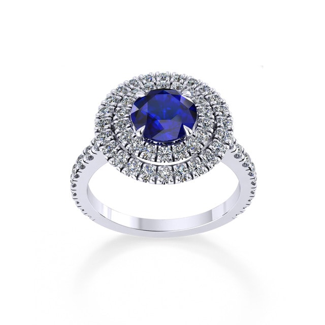 Alba Double Halo Platinum And 6mm Sapphire Ring - Ring Size L