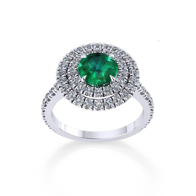 Alba Double Halo Platinum And 5mm Emerald Ring - Ring Size O