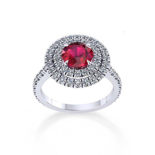 Alba Double Halo Platinum And 5mm Ruby Ring - Ring Size J