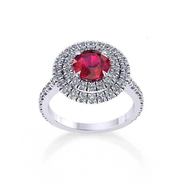 Alba Double Halo Platinum And 4mm Ruby Ring - Ring Size J