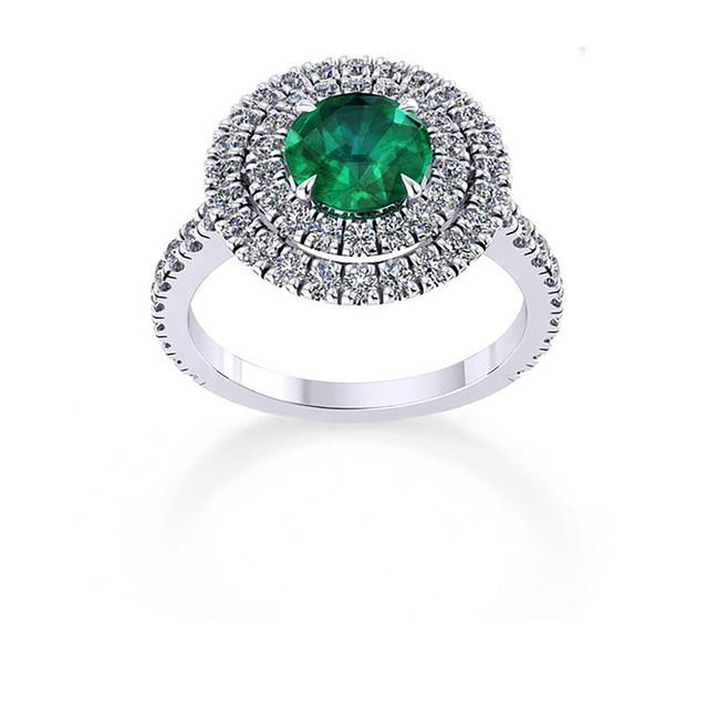 Alba Double Halo 18ct White Gold And 6mm Emerald Ring - Ring Size L