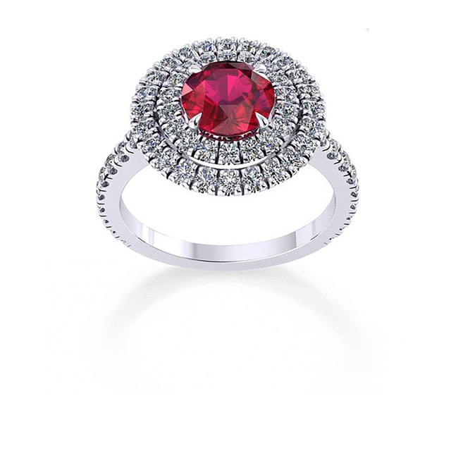 Alba Double Halo 18ct White Gold And 6mm Ruby Ring - Ring Size L