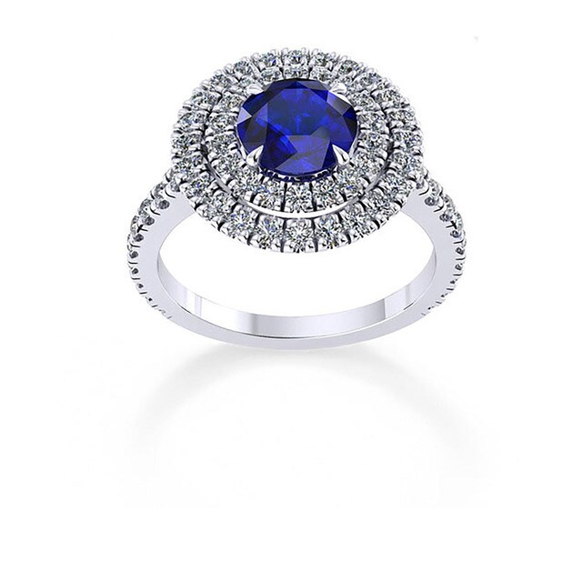 Alba Double Halo 18ct White Gold And 6mm Sapphire Ring - Ring Size K