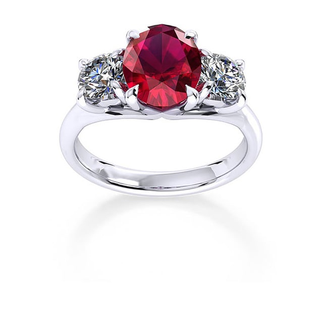 Ena Harkness 18ct White Gold And Three Stone 9x7mm Ruby Ring - Ring Size K