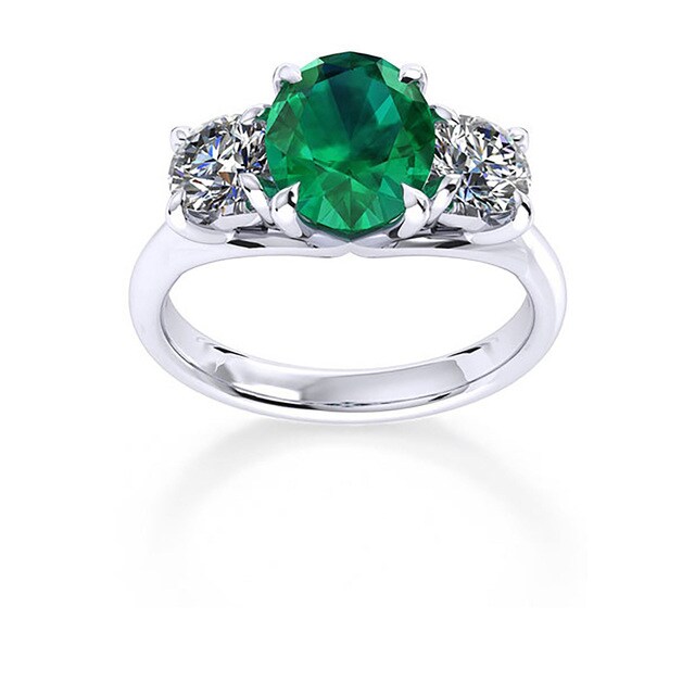 Ena Harkness 18ct White Gold And Three Stone 7x5mm Emerald Ring - Ring Size J