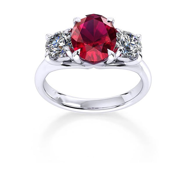 Ena Harkness 18ct White Gold And Three Stone 6x4mm Ruby Ring - Ring Size K