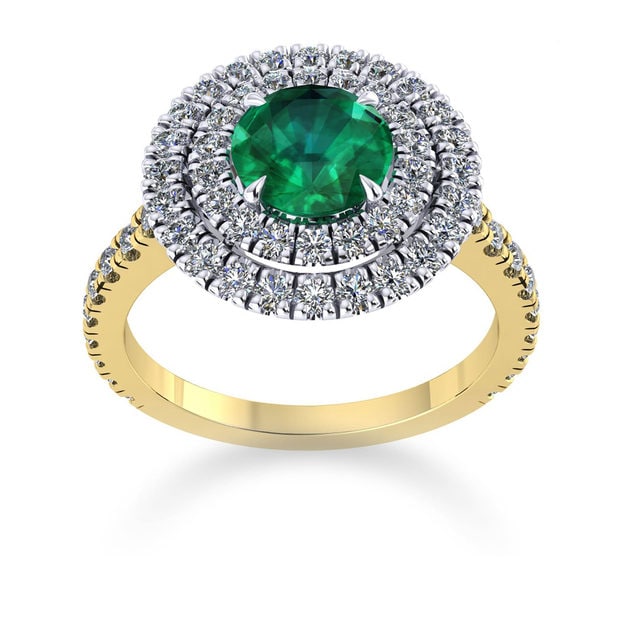 Alba Double Halo 18ct Yellow Gold And 6mm Emerald Ring - Ring Size L