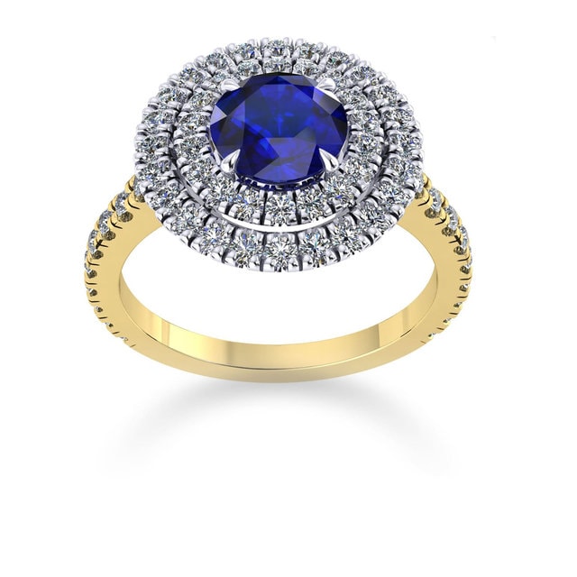 Mappin & Webb Alba Double Halo 18ct Yellow Gold And 5mm Sapphire Ring