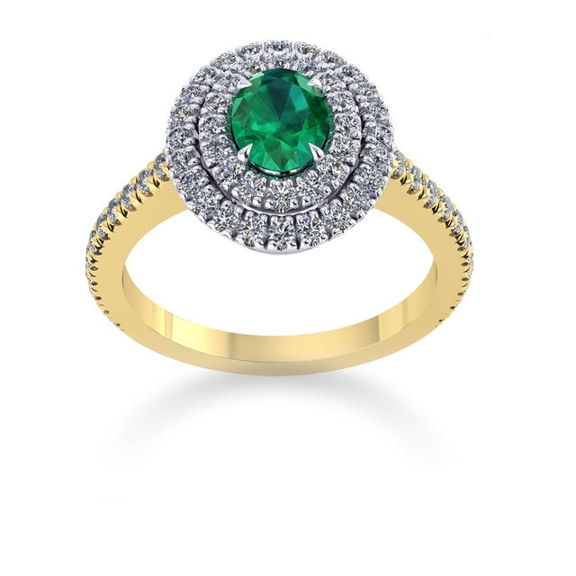 Mappin & Webb Alba Double Halo 18ct Yellow Gold And 4mm Emerald Ring