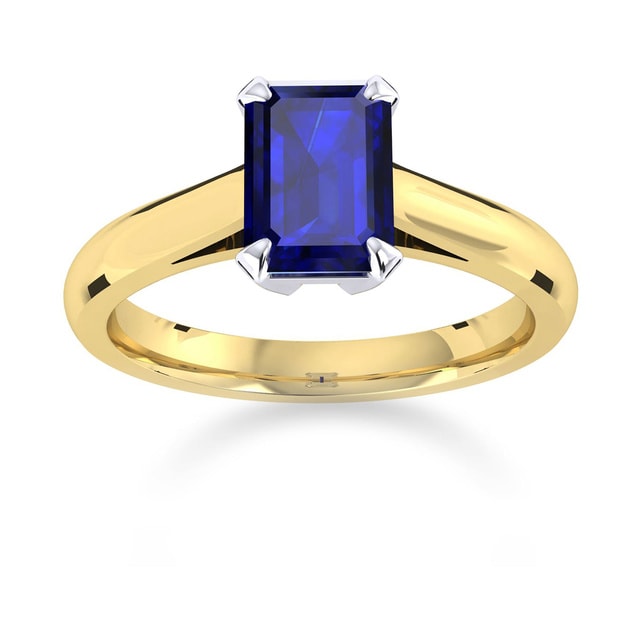 Belvedere 18ct Yellow Gold Emerald Cut 9x7mm Sapphire Ring - Ring Size O