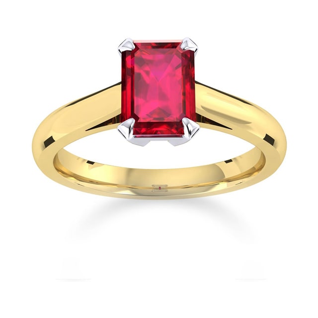 Belvedere 18ct Yellow Gold Emerald Cut 7x5mm Ruby Ring - Ring Size M