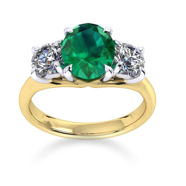 Ena Harkness 18ct Yellow Gold And Three Stone 9x7mm Emerald Ring - Ring Size J