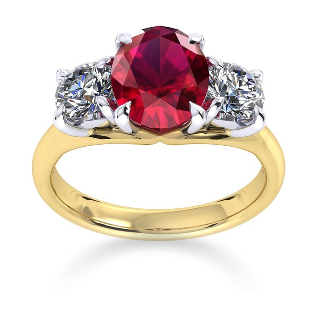 Ena Harkness 18ct Yellow Gold And Three Stone 9x7mm Ruby Ring - Ring Size O