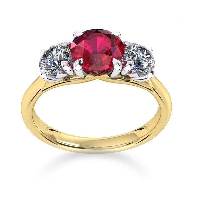 Ena Harkness 18ct Yellow Gold And Three Stone 4mm Ruby Ring - Ring Size M