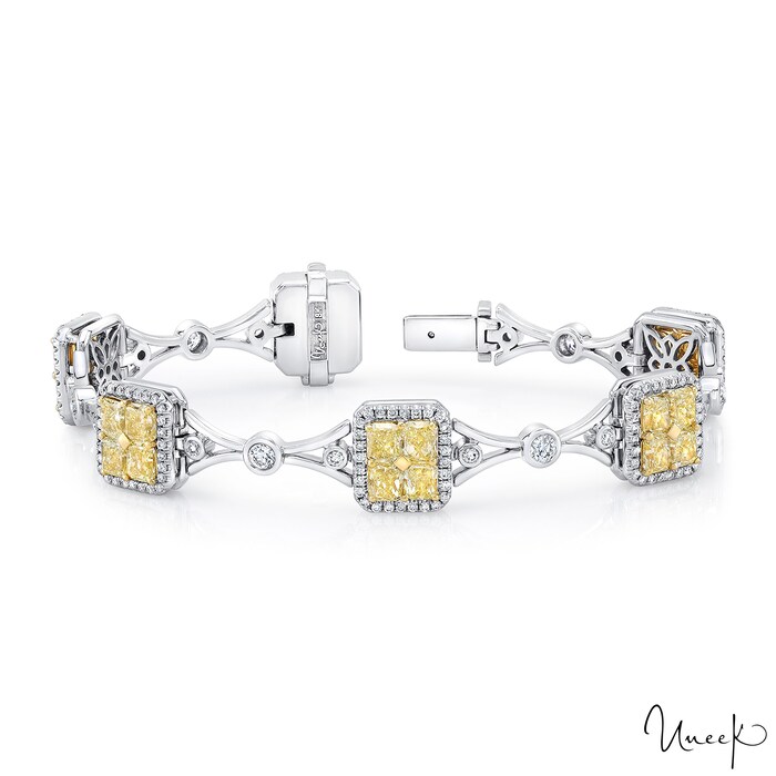 Uneek 18k White Gold 7.88cttw Radiant Cut Yellow Diamond Cluster Bracelet 7"