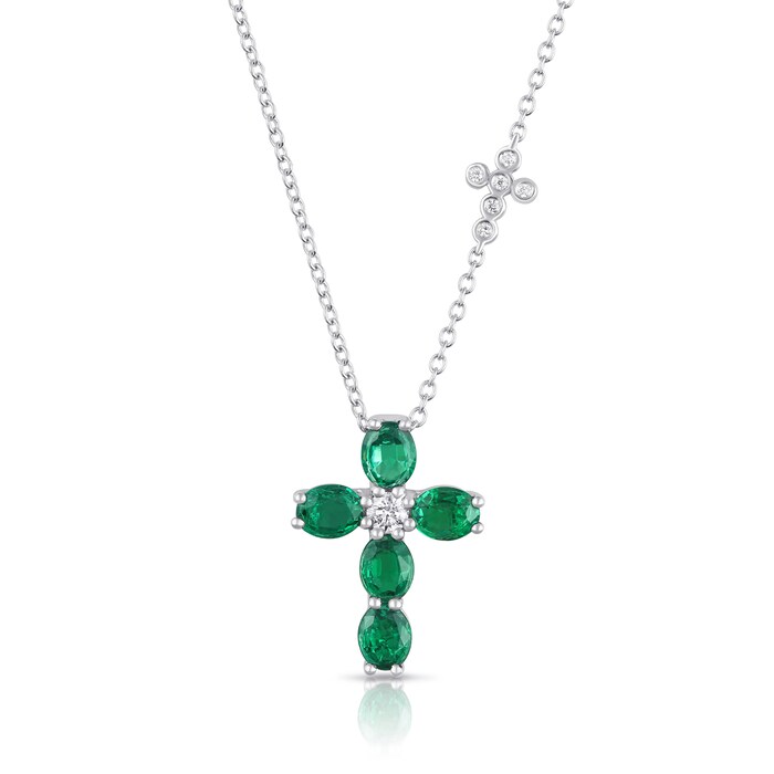 Uneek 14k White Gold 0.70cttw Oval Emerald and 0.10cttw Diamond Cross Pendant