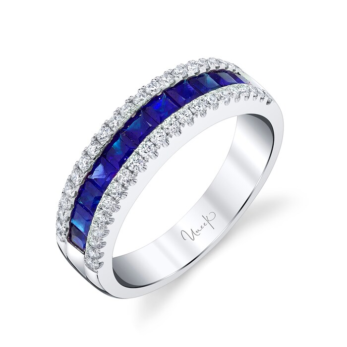 Uneek 14k White Gold 0.90cttw Princess Cut Sapphire and 0.37cttw Diamond Band - Size 6