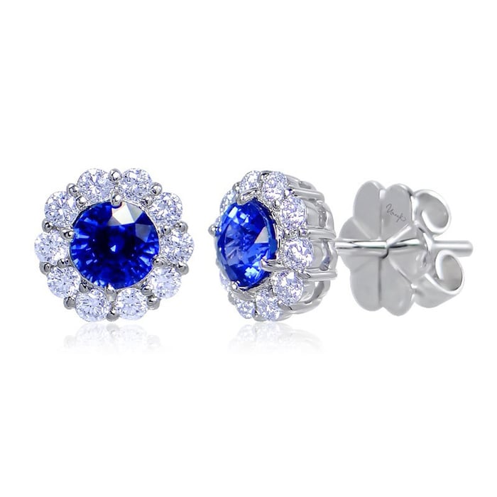 Uneek 18k White Gold 1.12cttw Sapphire and 0.40cttw Diamond Halo Stud Earrings