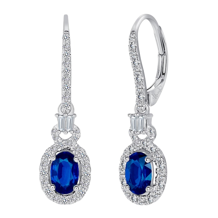 Uneek 18k White Gold 1.17cttw Oval Sapphire and 0.39cttw Diamond Halo Drop Earrings