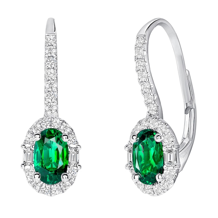 Uneek 18k White Gold 0.81cttw Oval Emerald and 0.34cttw Mixed Diamond Halo Drop Earrings