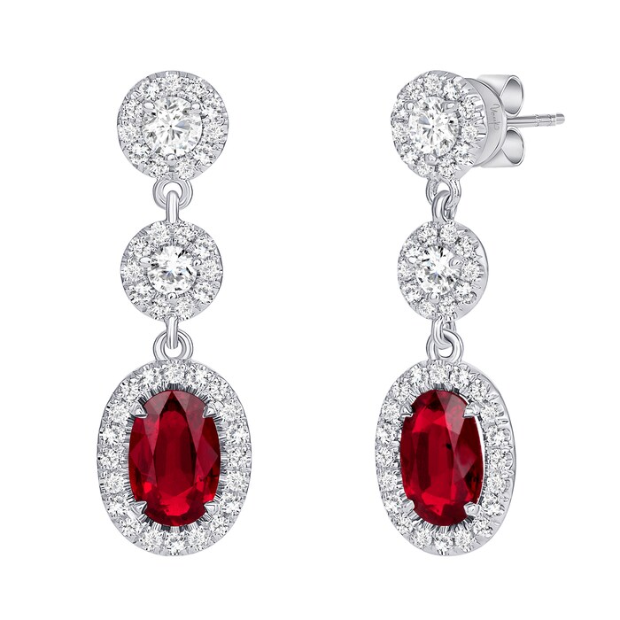 Uneek 18k White Gold 1.81cttw Oval Ruby and 0.54cttw Diamond Halo Drop Earrings