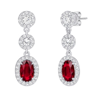 Uneek 18k White Gold 1.81cttw Oval Ruby and 0.54cttw Diamond Halo Drop Earrings