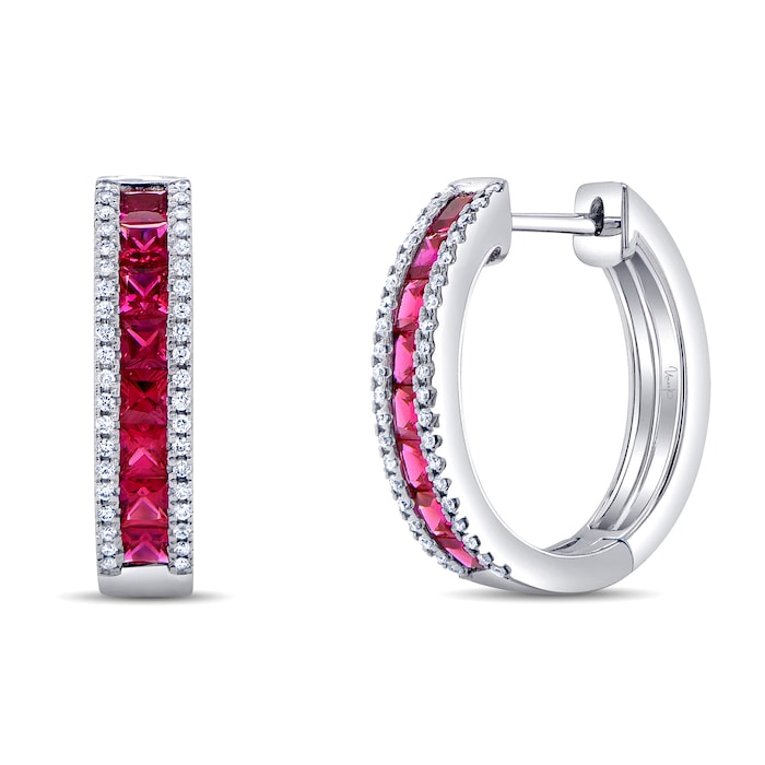 Uneek 14k White Gold 1.07cttw Princess Cut Ruby and 0.16cttw Diamond Hoop Earrings