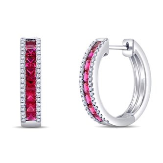 Uneek 14k White Gold 1.07cttw Princess Cut Ruby and 0.16cttw Diamond Hoop Earrings Uneek 14k White Gold 1.07cttw Princess Cut Ruby and 0.16cttw Diamond Hoop Earrings
