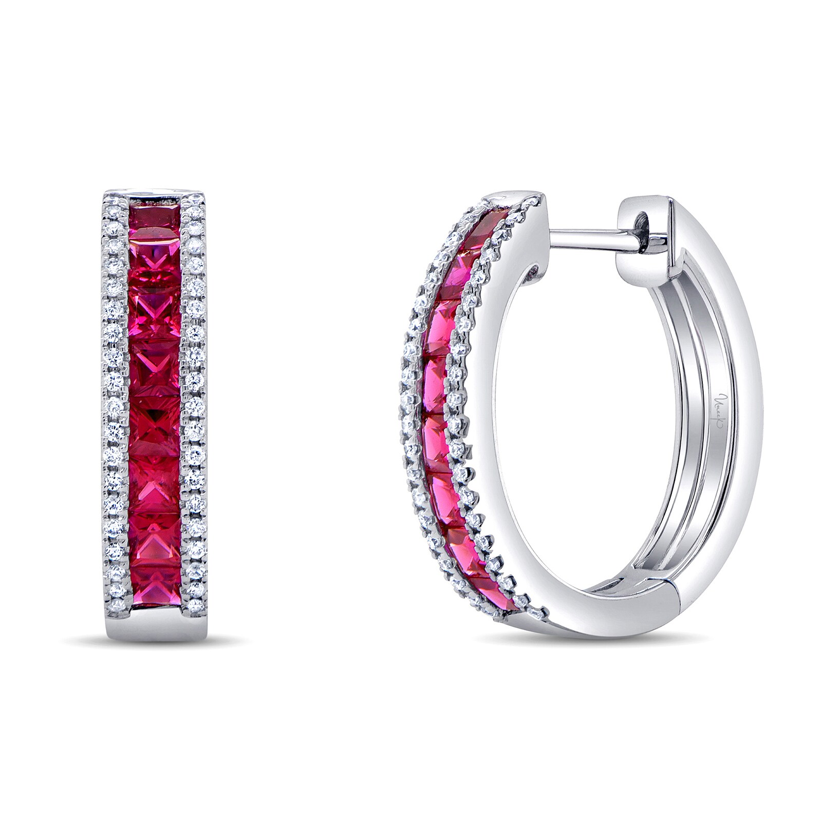 Uneek 14k White Gold 1.07cttw Princess Cut Ruby and 0.16cttw Diamond Hoop Earrings