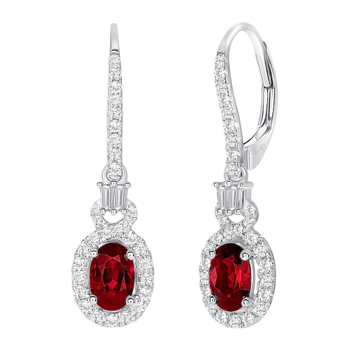 Uneek 18k White Gold 0.91cttw Oval Ruby and 0.39cttw Mixed Diamond Halo Drop Earrings