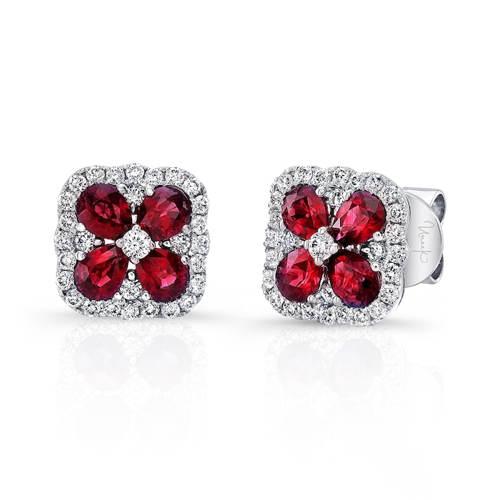 Uneek 18k White Gold 1.34cttw Ruby and 0.42cttw Diamond Halo Earrings