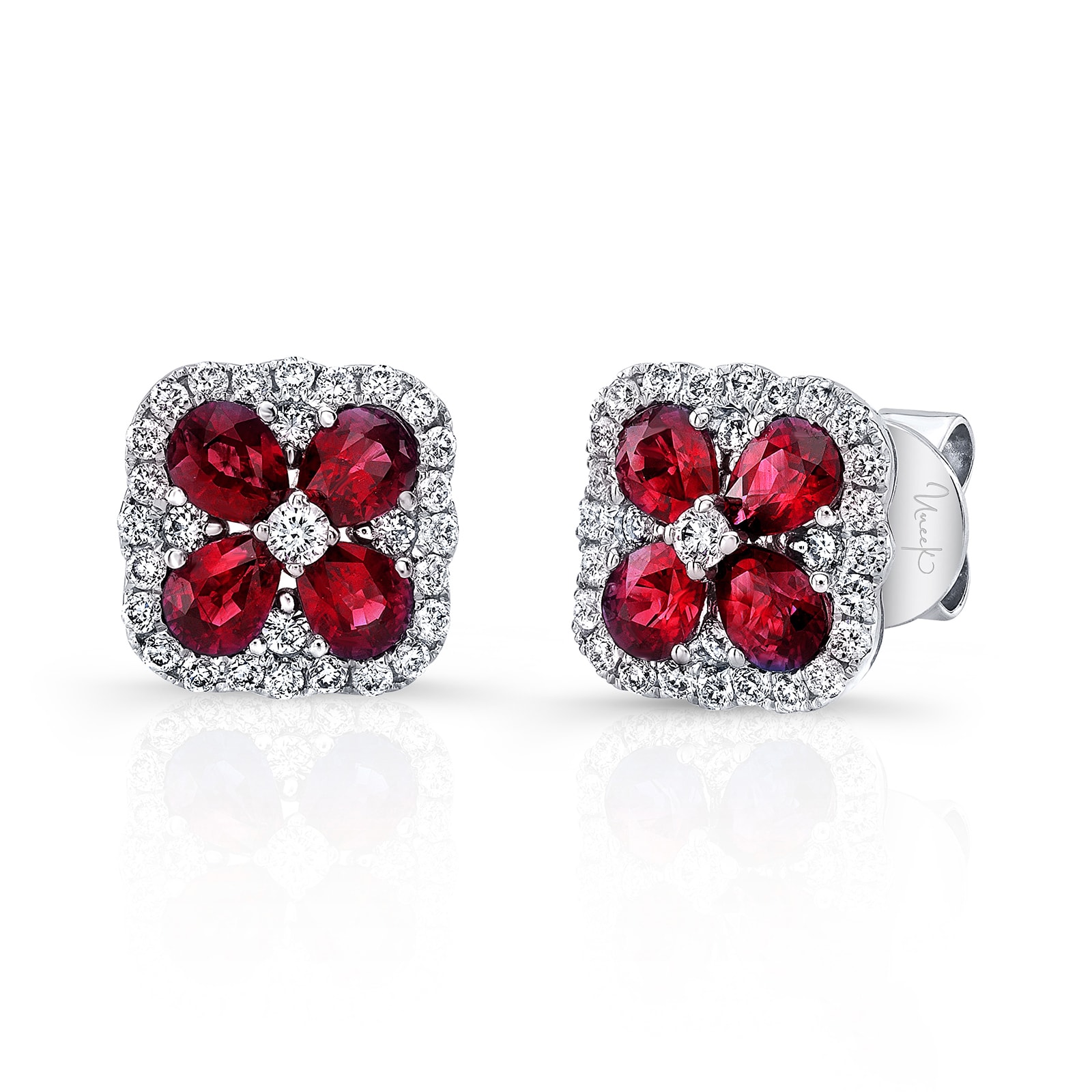 Uneek 18k White Gold 1.34cttw Ruby and 0.42cttw Diamond Halo Earrings