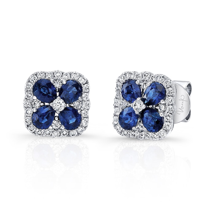 Uneek 18k White Gold 1.45cttw Sapphire and 0.55cttw Diamond Halo Earrings