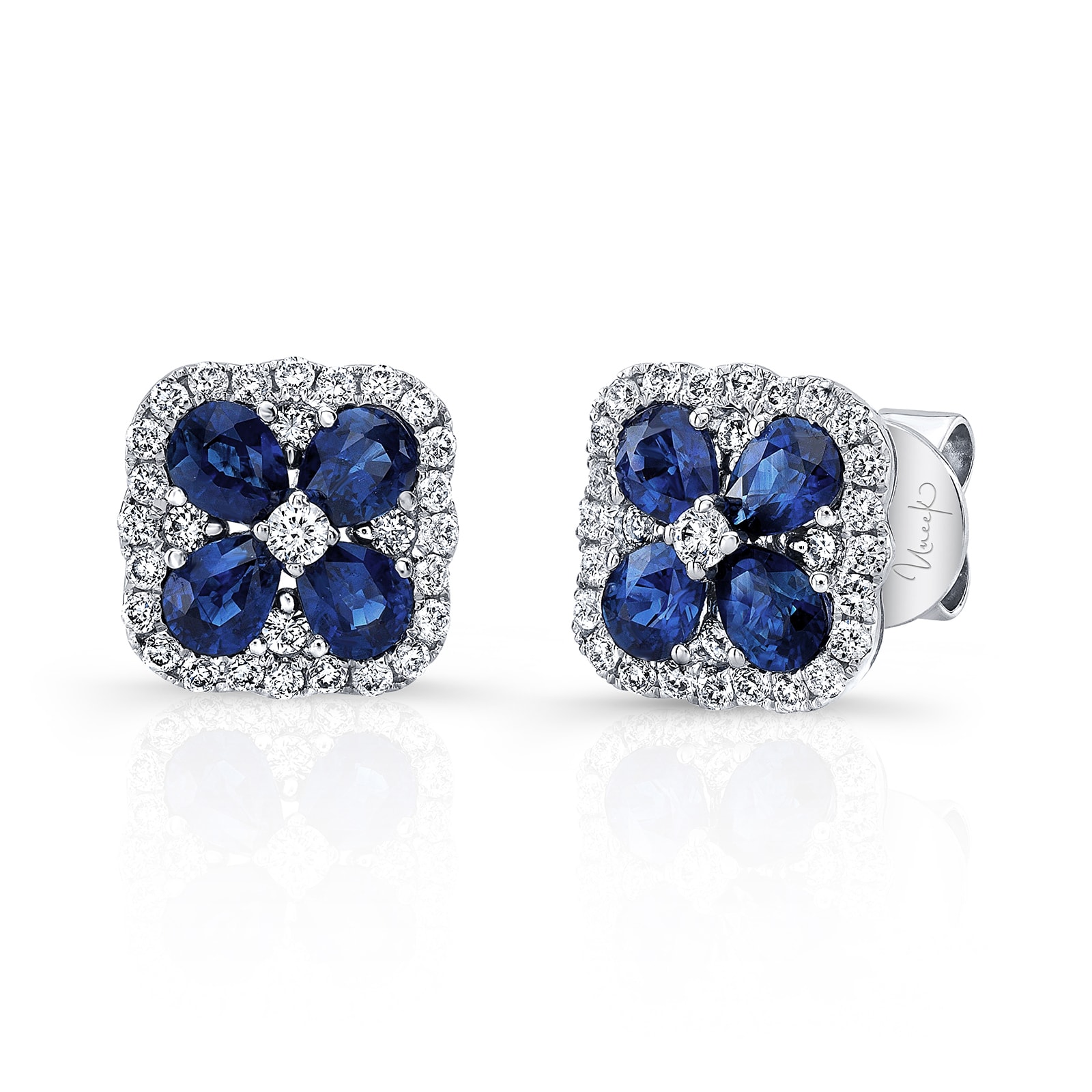 Uneek 18k White Gold 1.45cttw Sapphire and 0.55cttw Diamond Halo Earrings