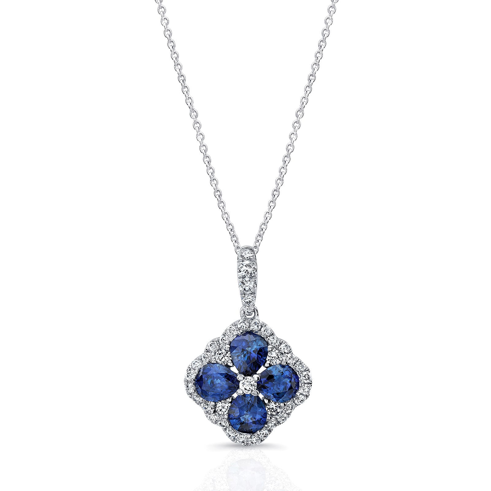 Uneek 18k White Gold 1.45cttw Sapphire and 0.35cttw Diamond Halo Pendant 16" Uneek 18k White Gold 1.45cttw Sapphire and 0.35cttw Diamond Halo Pendant 16"