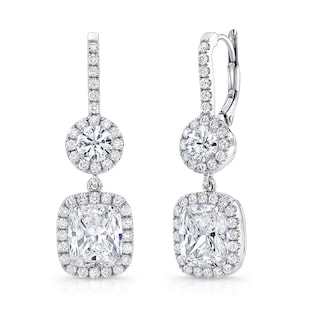 UNEEK 18k White Gold 4.65cttw Cushion Cut and 0.95cttw Brilliant Cut Diamond Halo Drop Earrings