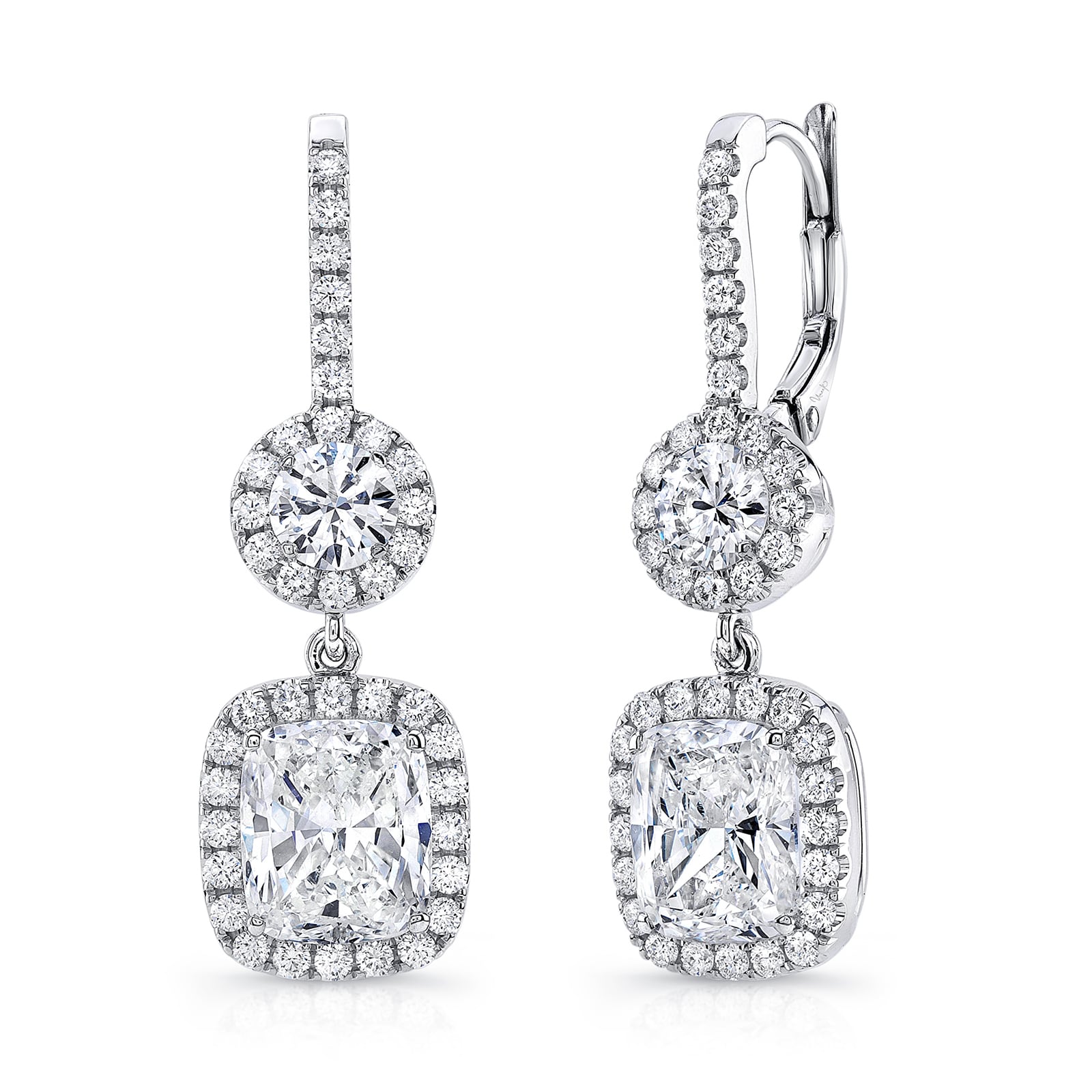 UNEEK 18k White Gold 4.65cttw Cushion Cut and 0.95cttw Brilliant Cut Diamond Halo Drop Earrings