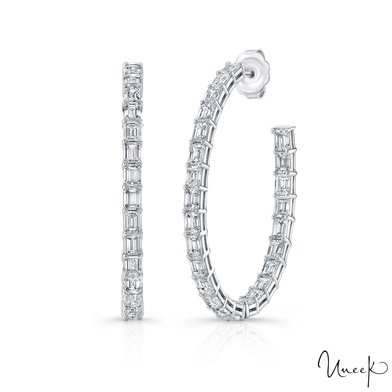 Uneek 18k White Gold 15.21cttw Emerald Cut Diamond Hoop Earrings