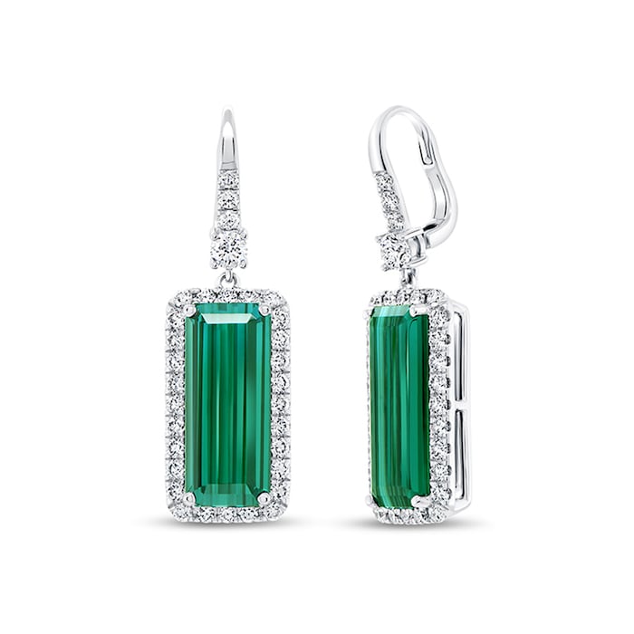 Uneek 18k White Gold 11.15cttw Green Tourmaline and 1.70cttw Diamond Halo Earrings