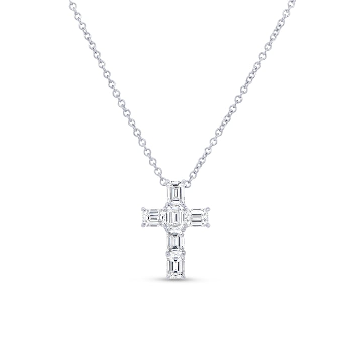 Uneek 18k White Gold 1.23cttw Emerald Cut Diamond Small Cross Pendant 18"