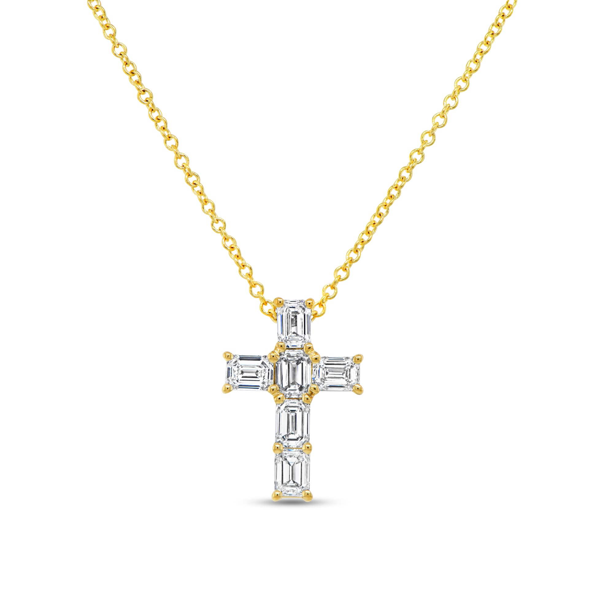 Uneek 18K Yellow Gold 1.23cttw Emerald Cut Diamond Small Cross Pendant 18" Uneek 18K Yellow Gold 1.23cttw Emerald Cut Diamond Small Cross Pendant 18"