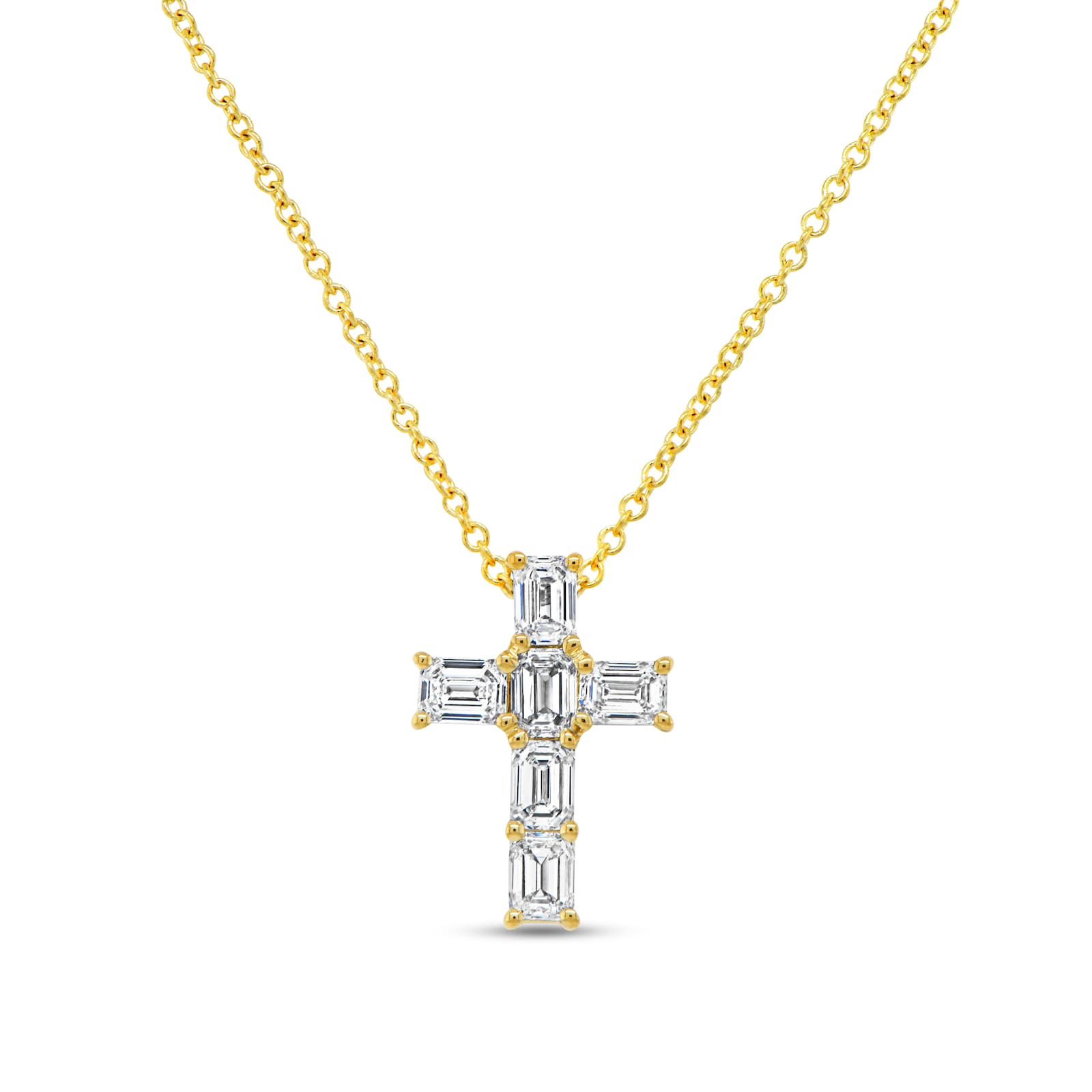 Uneek 18K Yellow Gold 1.23cttw Emerald Cut Diamond Small Cross Pendant 18"