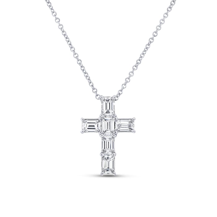 Uneek 18k White Gold 1.87cttw Emerald Cut Diamond Medium Cross Pendant 18"