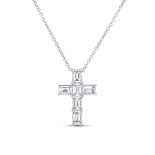 Uneek 18k White Gold 1.87cttw Emerald Cut Diamond Medium Cross Pendant 18"