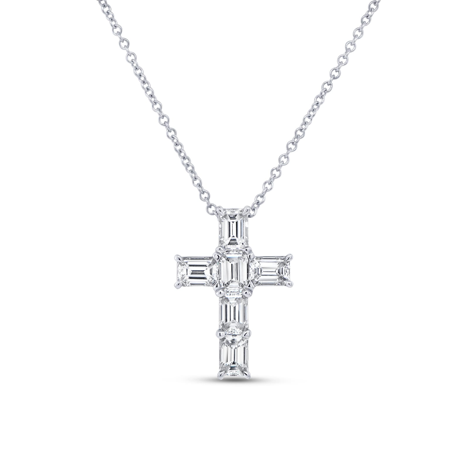 Uneek 18k White Gold 1.87cttw Emerald Cut Diamond Medium Cross Pendant 18"