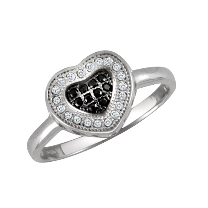 Hallmark 9ct White Gold Black & White Cubic Zirconia Heart Ring