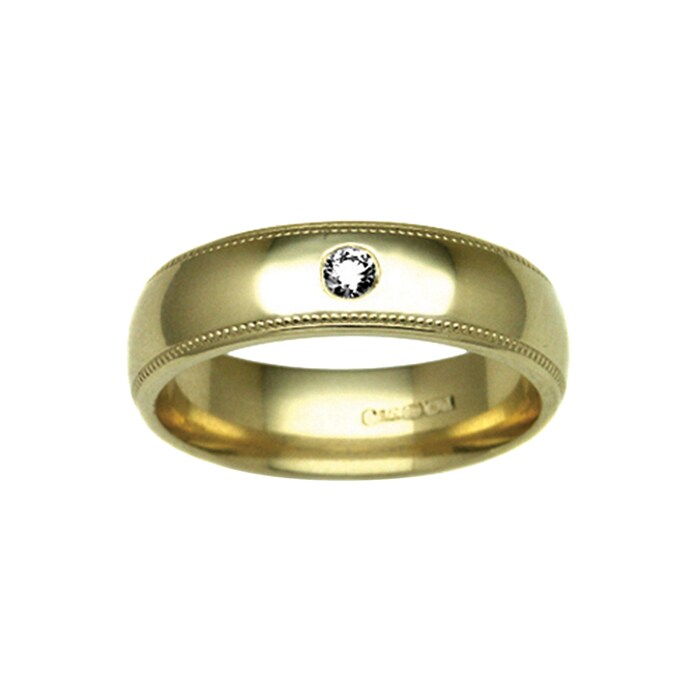 Hallmark 9ct Yellow Gold 3mm Diamond 0.02ct Rubover Set Wedding Ring