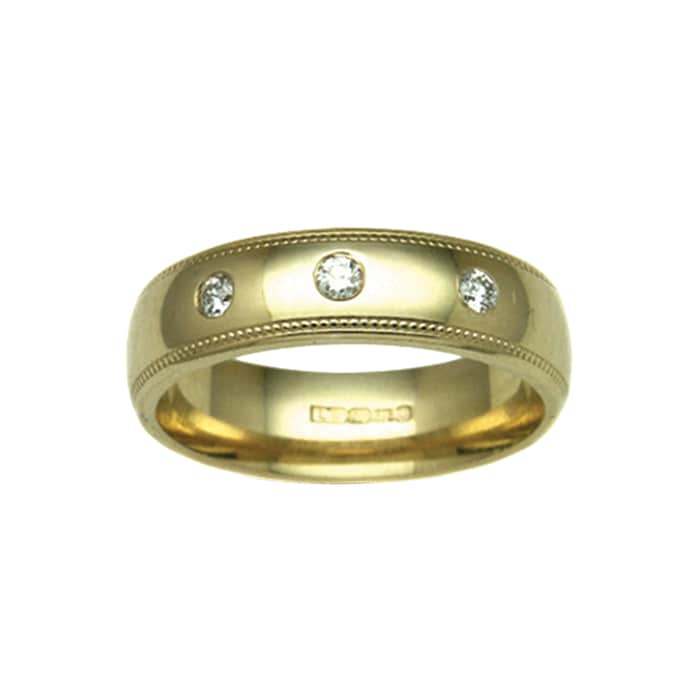Hallmark 9ct Yellow Gold 4mm Diamond 0.09ct Rubover Set Wedding Ring
