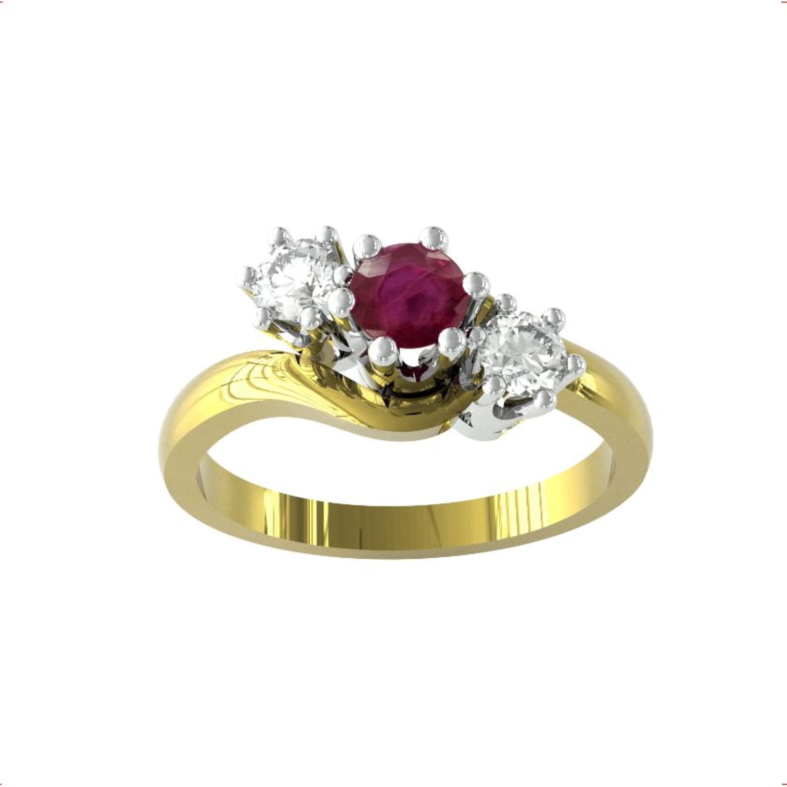 18ct Yellow Gold Ruby And Diamond 3 Stone Ring - Ring Size M.5